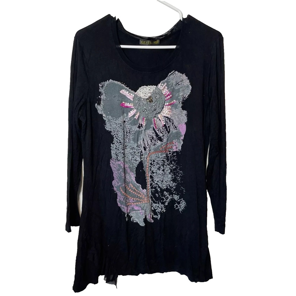 Gizel Mini Tunic Dress Womens M Black Long Sleeve Sequins Beaded Lace‎ Trim